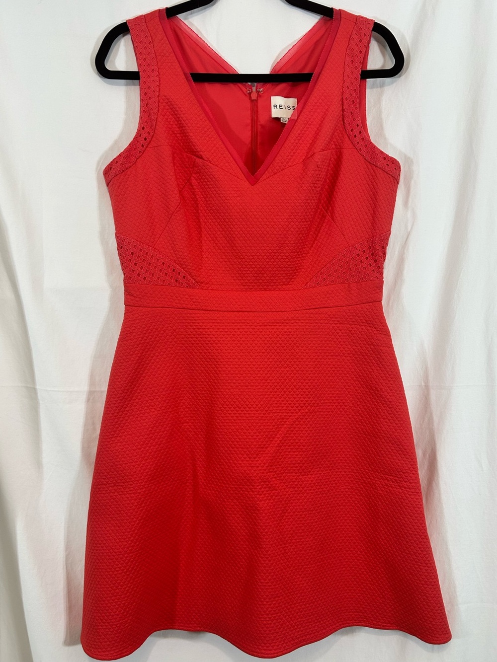 Reiss Jessian Coral Red Textured Fit & Flare Dress Eyelet Cutout Size 8